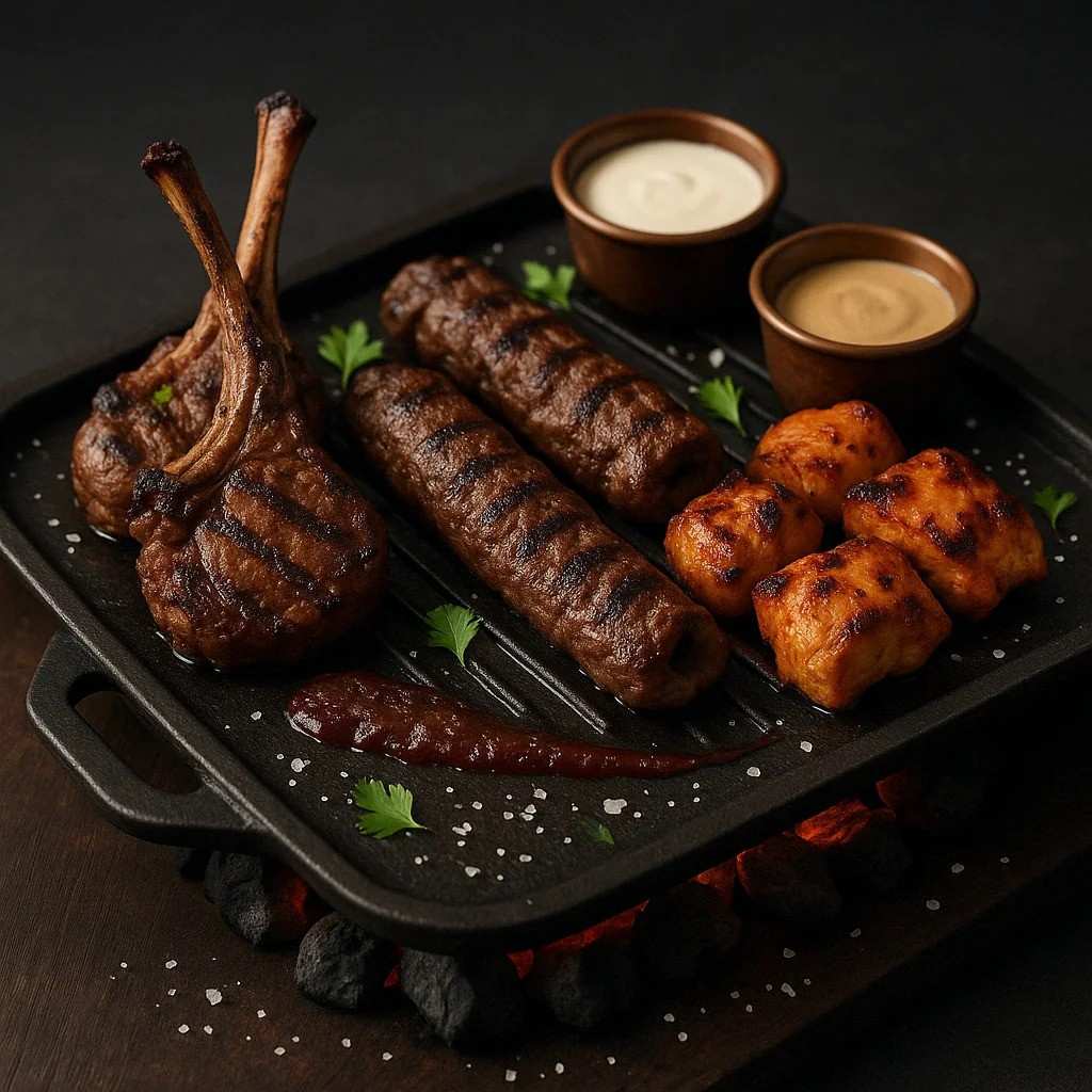 Tandoori Mixed Grill platter with chicken tikka, seekh kebab and lamb chops